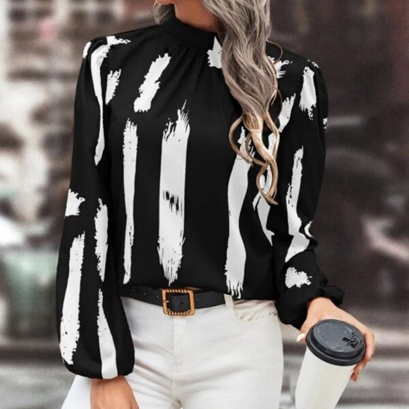 . Tops - Brush Pattern Lantern long Sleeved Mock Neck Shirt Blouse Top